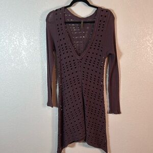 XCVI Purple Open Knit Tunic Mini Dress Deep V Neck Size Small